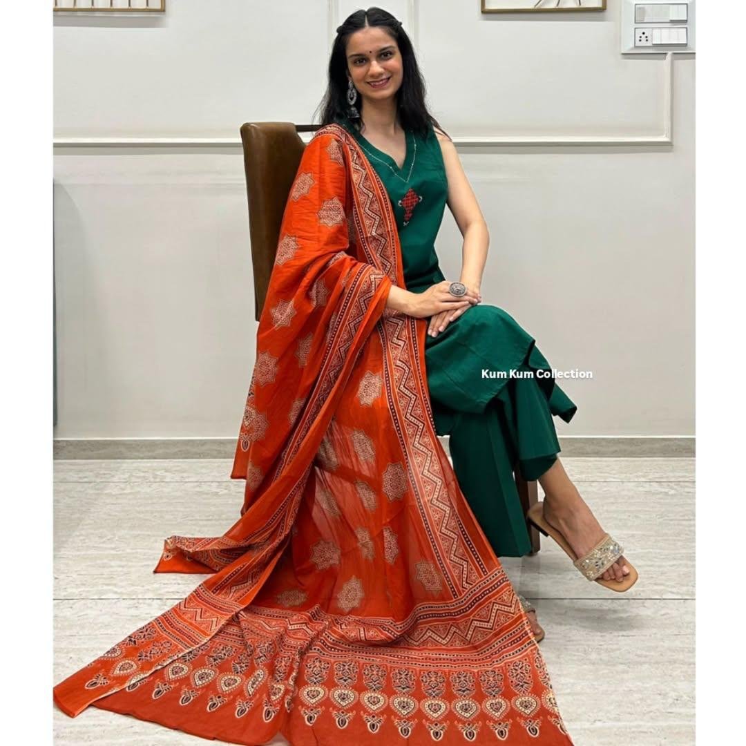 Handloom A-Line Kurti Set with Mulmul Dupatta